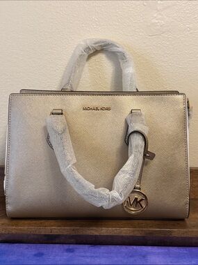 Michael Kors Metallic Champagne Satchel with MK Charm